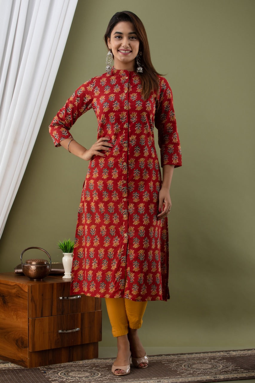 Red Flower Print Cotton A - Line Kurti