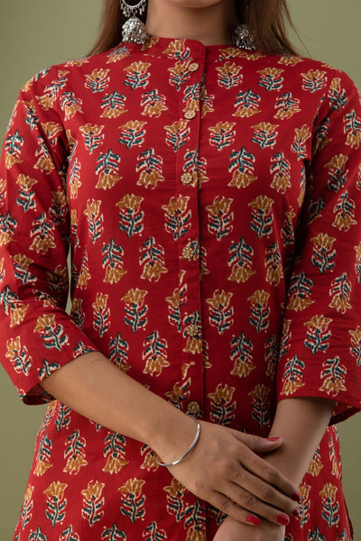 Red Flower Print Cotton A - Line Kurti