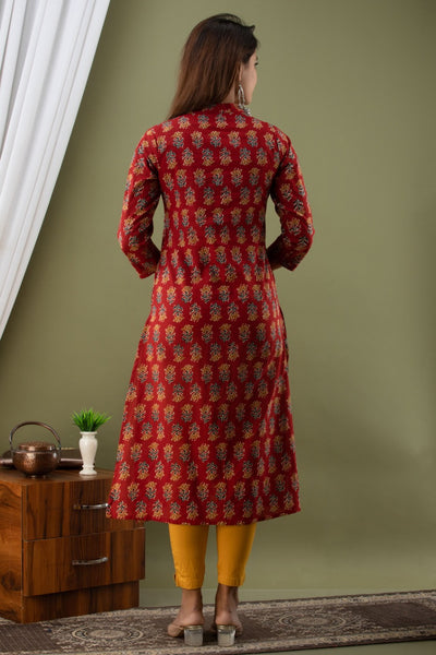 Red Flower Print Cotton A - Line Kurti