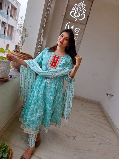 Sky Blue Flower Print Cotton Stitched Suit Set with Anarkali Kurti, Pant & Dupatta