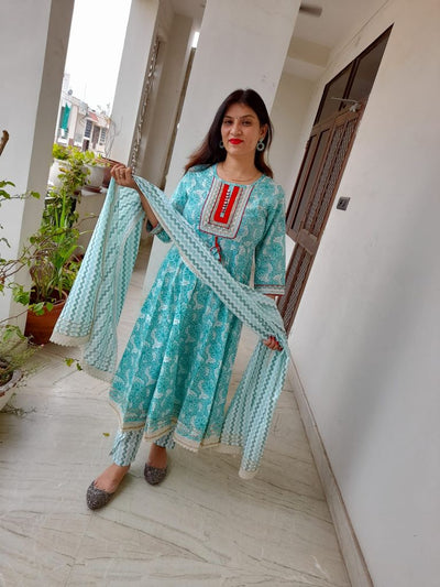 Sky Blue Flower Print Cotton Stitched Suit Set with Anarkali Kurti, Pant & Dupatta