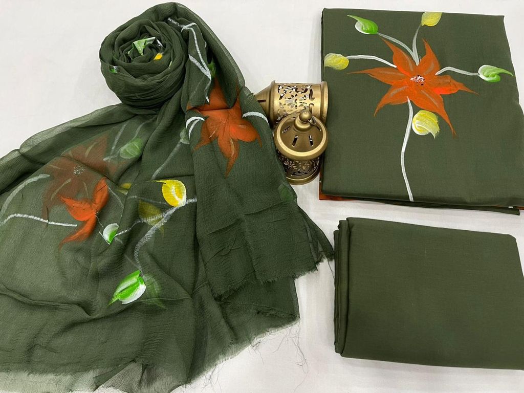 Green Flower Print Cotton Unstitched Suit Set with Chiffon Dupatta