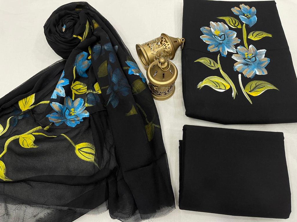 Black Flower Print Cotton Unstitched Suit Set with Chiffon Dupatta