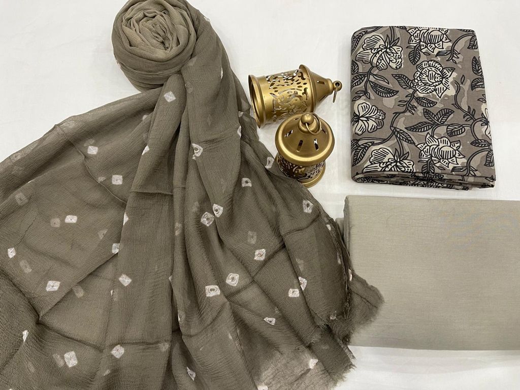 Gray Flower Print Cotton Unstitched Suit Set with Chiffon Dupatta