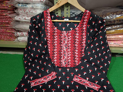 Black Flower Print Cotton Stitched Suit Set with Kurti, Pant & Dupatta