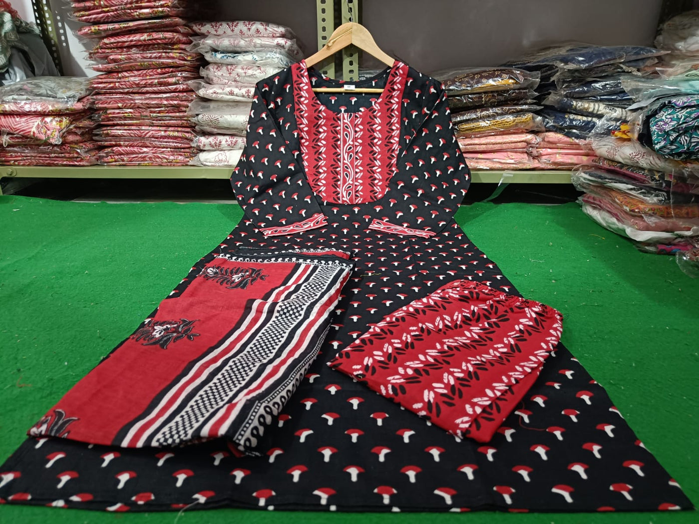 Black Flower Print Cotton Stitched Suit Set with Kurti, Pant & Dupatta