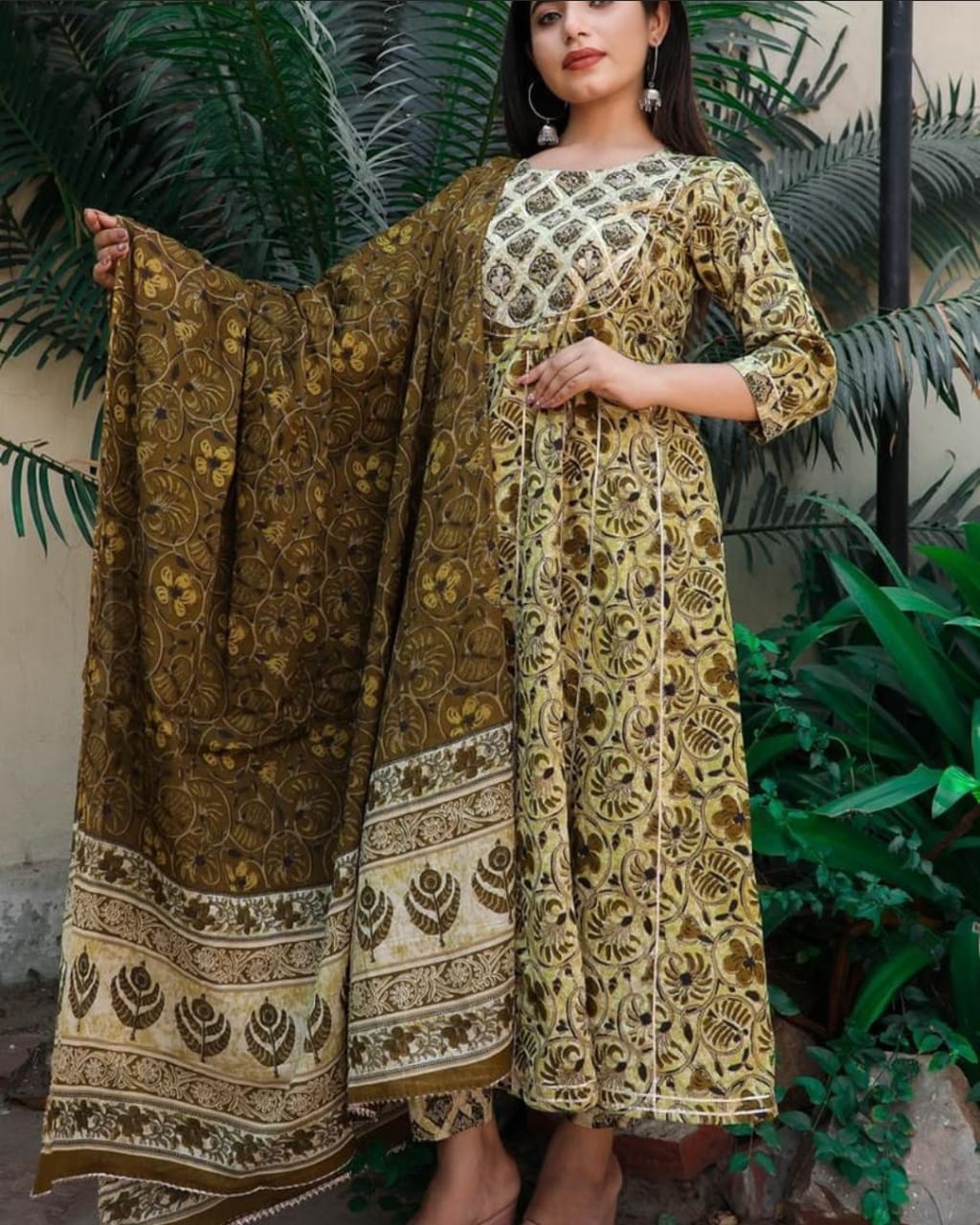 Yellow Flower Print Cotton Stitched Suit Set with Anarkali Kurti, Pant & Dupatta