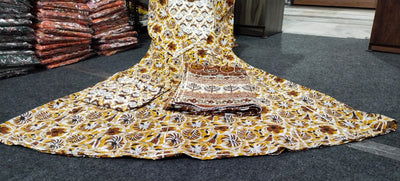 Yellow Flower Print Cotton Stitched Suit Set with Anarkali Kurti, Pant & Dupatta