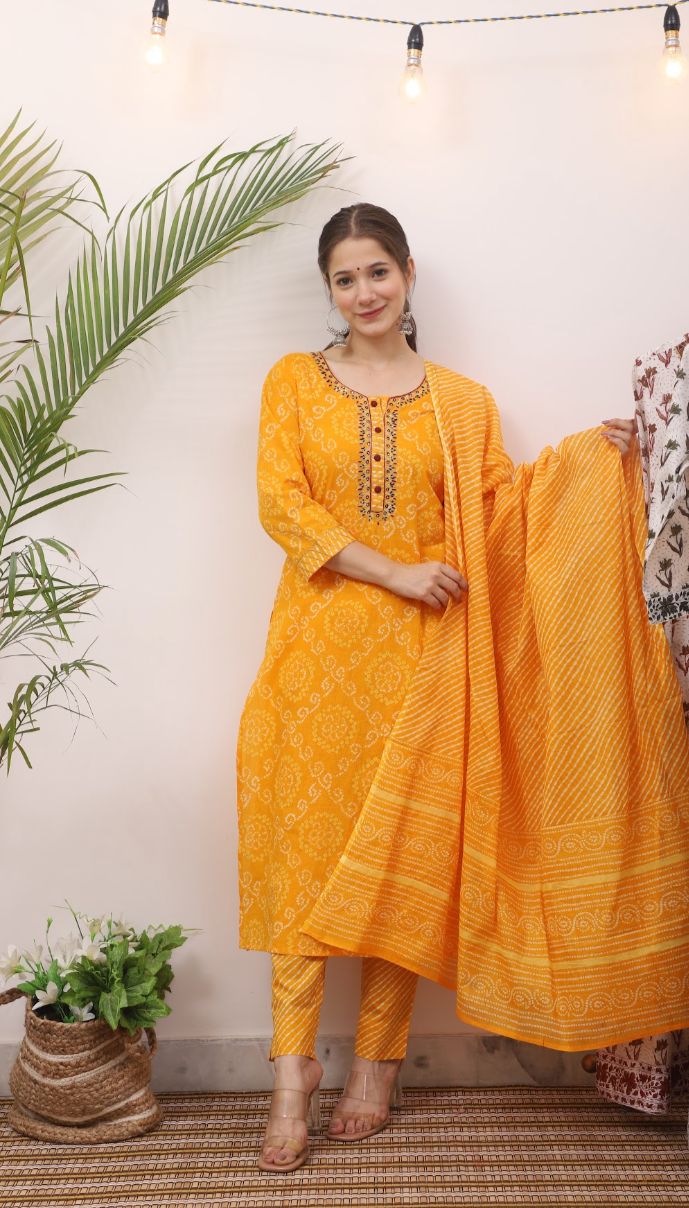 Yellow Bandhej Print Cotton Stitched Suit Set with Kurti, Pant & Dupatta