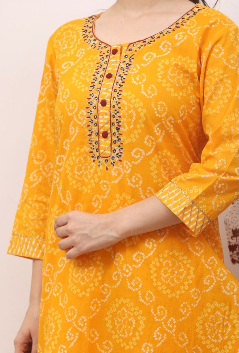 Yellow Bandhej Print Cotton Stitched Suit Set with Kurti, Pant & Dupatta