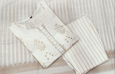 White Embroidery Cotton Stitched Suit Set with Kurti, Pant & Dupatta