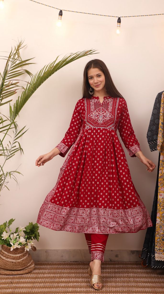 Red Flower Print Rayon Stitched Suit Set with Kurti, Pant & Dupatta