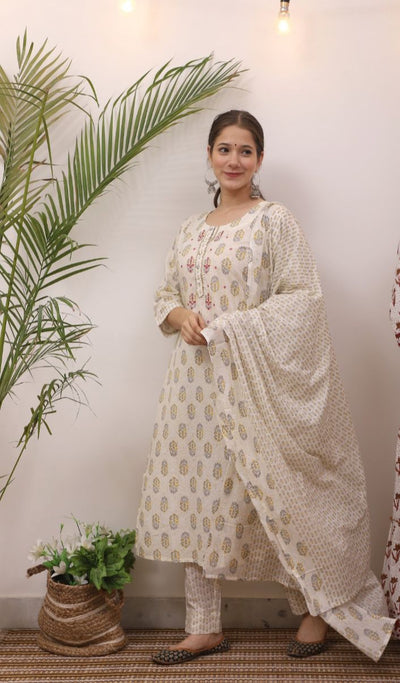 White Flower Print Cotton Stitched Suit Set with Kurti, Pant & Dupatta
