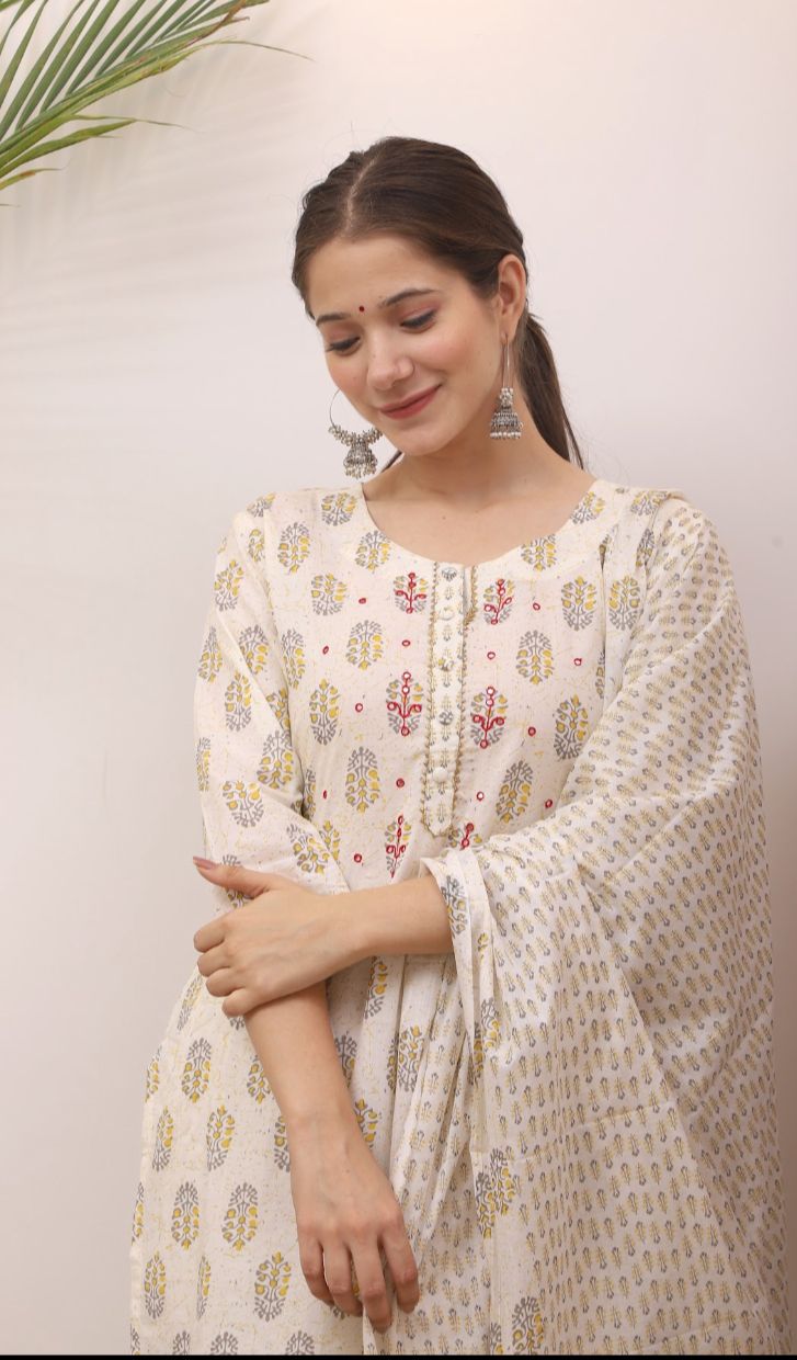 White Flower Print Cotton Stitched Suit Set with Kurti, Pant & Dupatta