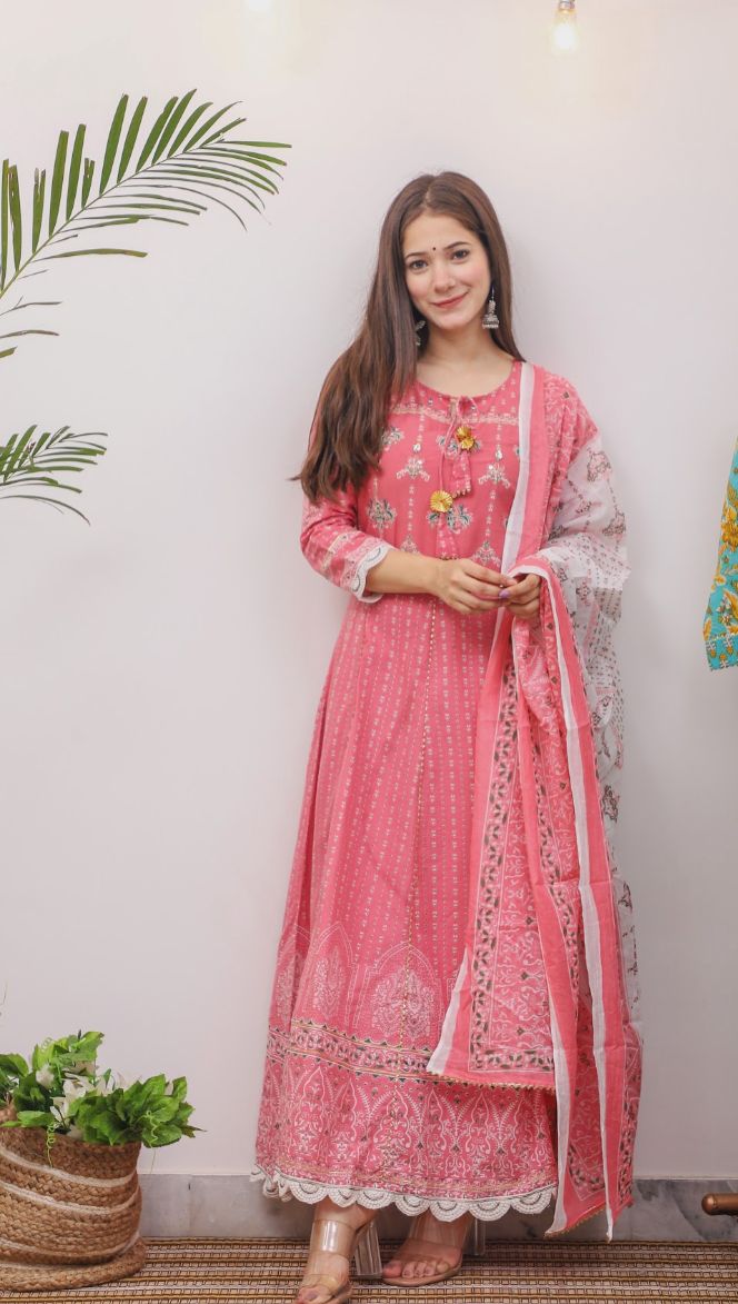 Pink Flower Print Cotton Stitched Suit Set with Anarkali Kurti, Pant & Dupatta