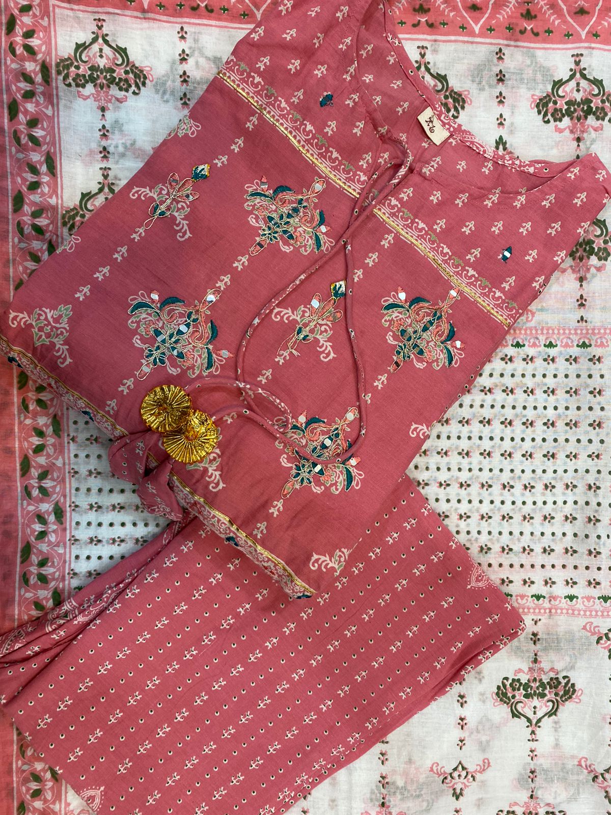 Pink Flower Print Cotton Stitched Suit Set with Anarkali Kurti, Pant & Dupatta