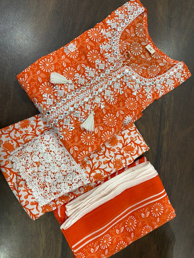 Orange Flower Print Cotton Stitched Suit Set with Kurti, Pant & Dupatta