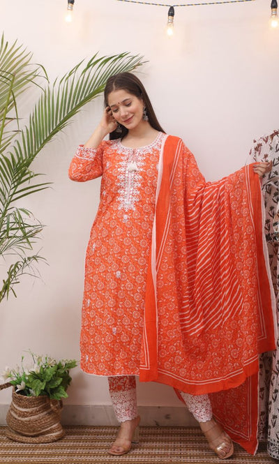 Orange Flower Print Cotton Stitched Suit Set with Kurti, Pant & Dupatta