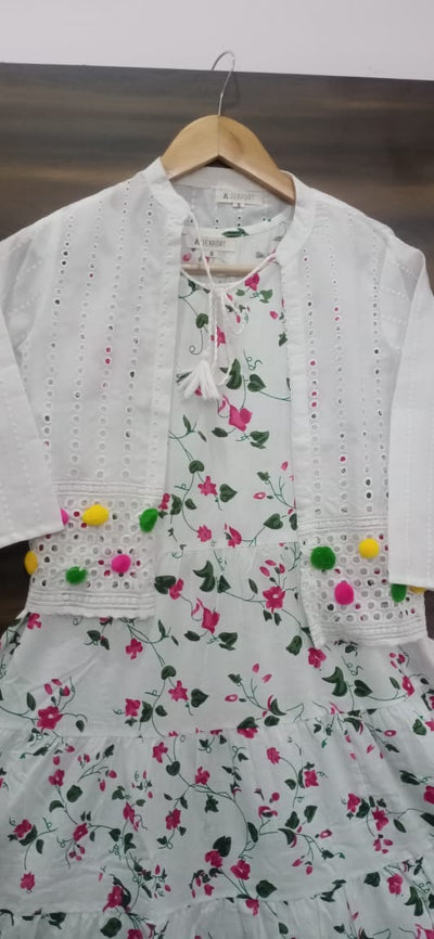 White Embroidery Work Cotton Gown with Jacket