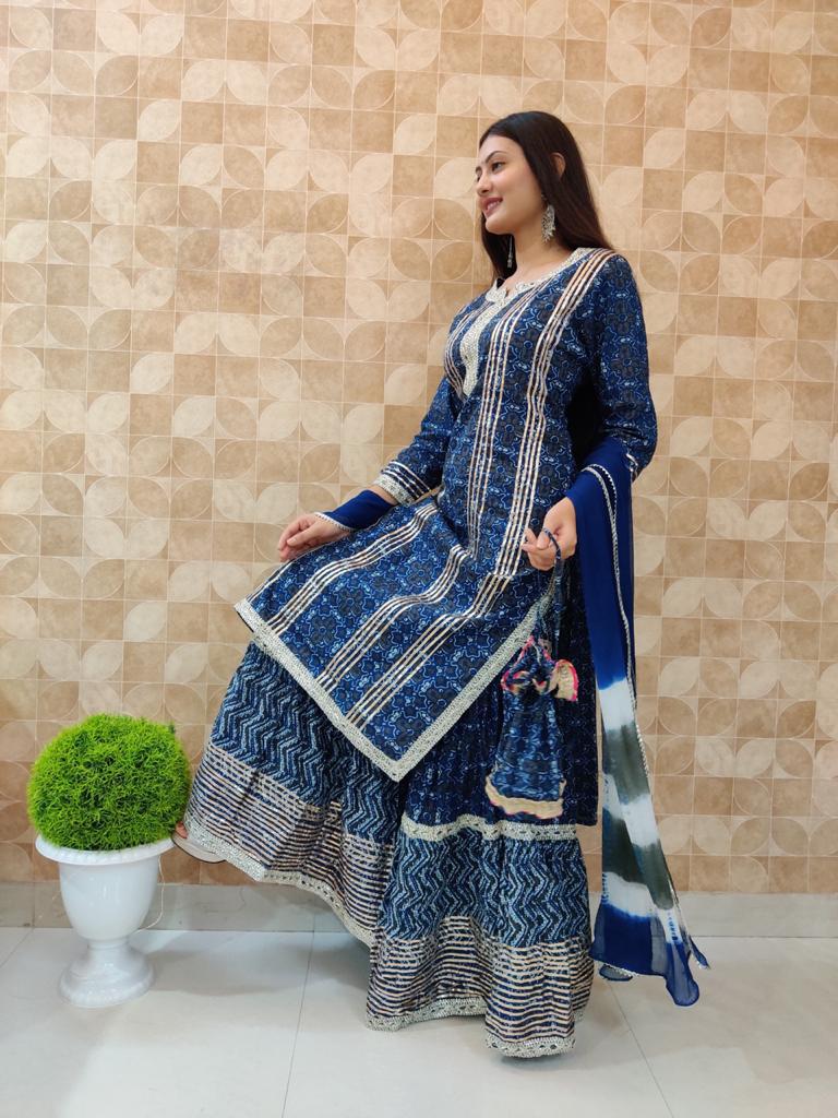 Blue Flower Print Cotton Sharara Stitched suit set With Kurti, Pant & Dupatta