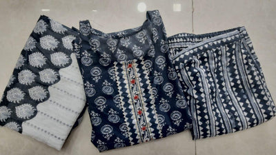 Blue Flower Print Cotton Stitched Suit Set with Kurti & Pant