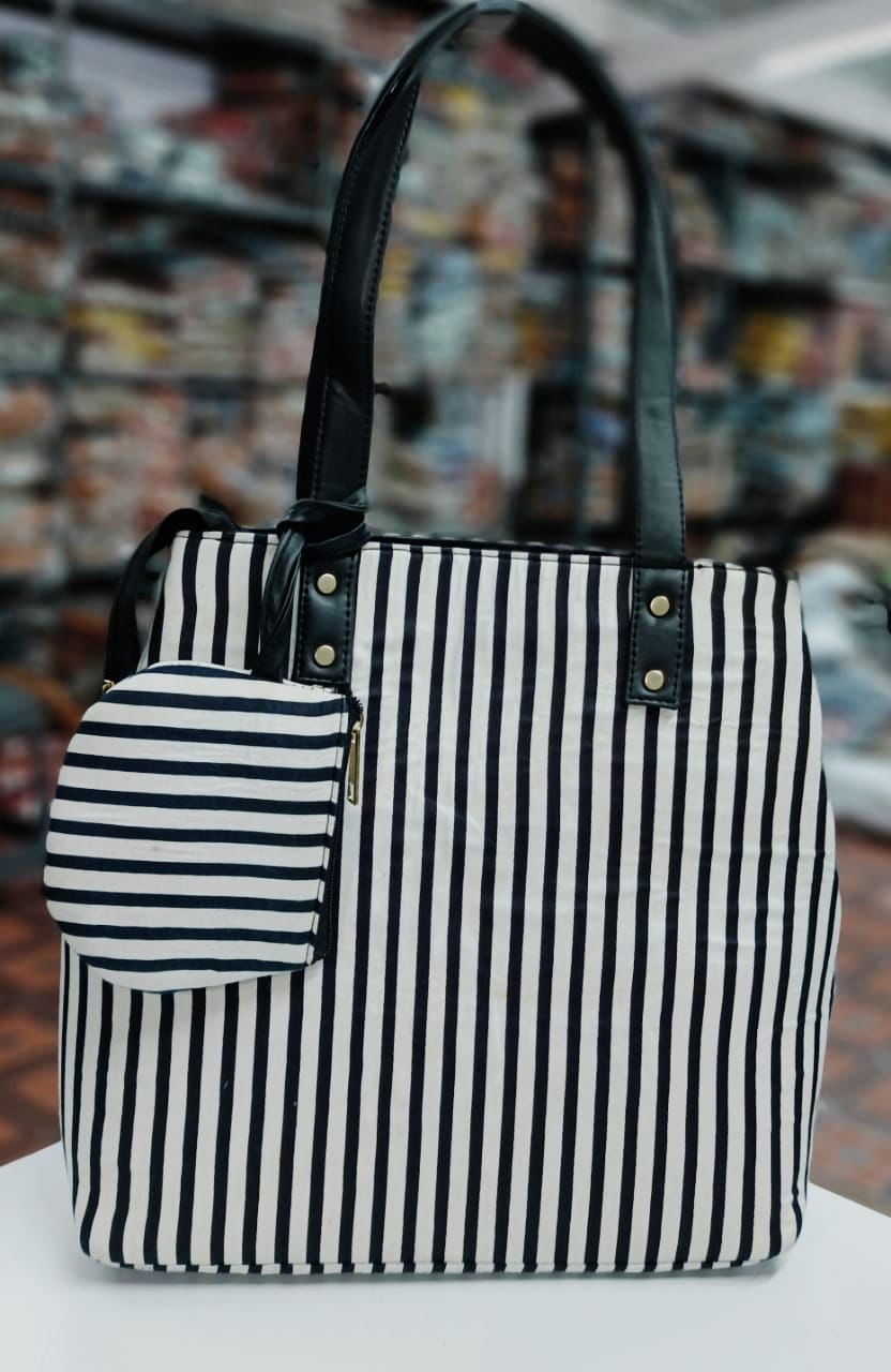 White Stripes Hand block Printed Ikat Handbag