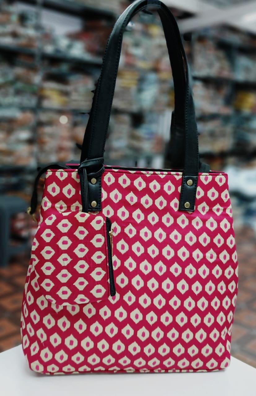 Pink Flower Hand block Printed Ikat Handbag