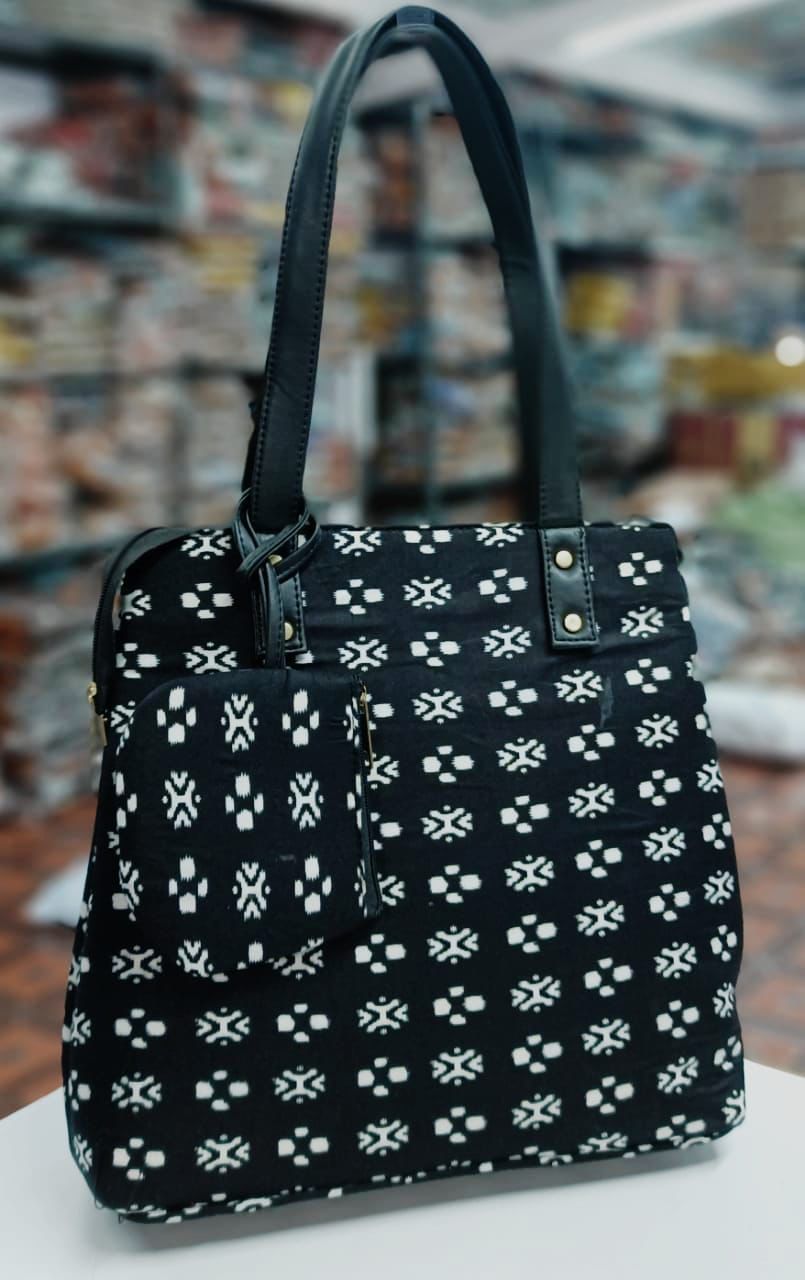 Black Flower Hand block Printed Ikat Handbag
