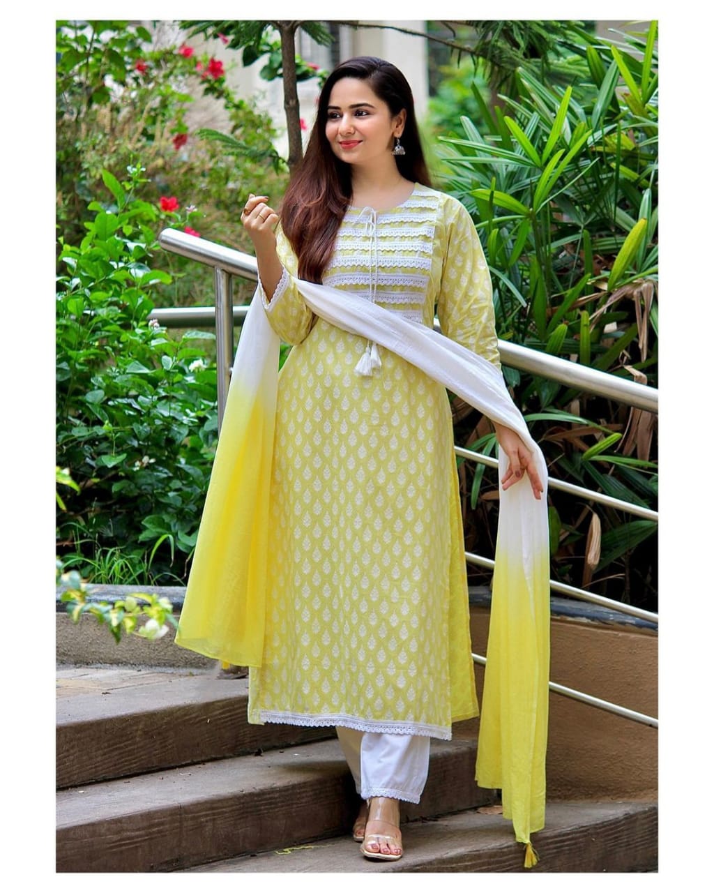 Yellow Flower Print Cotton Stitched Suit set With Kurti, Pant & Dupatta