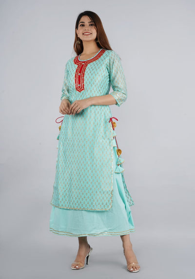 Sky Blue Flower Print Chanderi Gown With Heavy Tassels