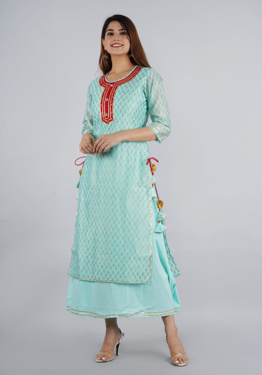 Sky Blue Flower Print Chanderi Gown With Heavy Tassels