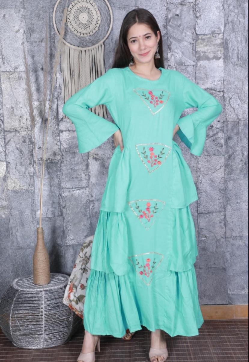 Green Flower Embroidery Work Rayon Gown
