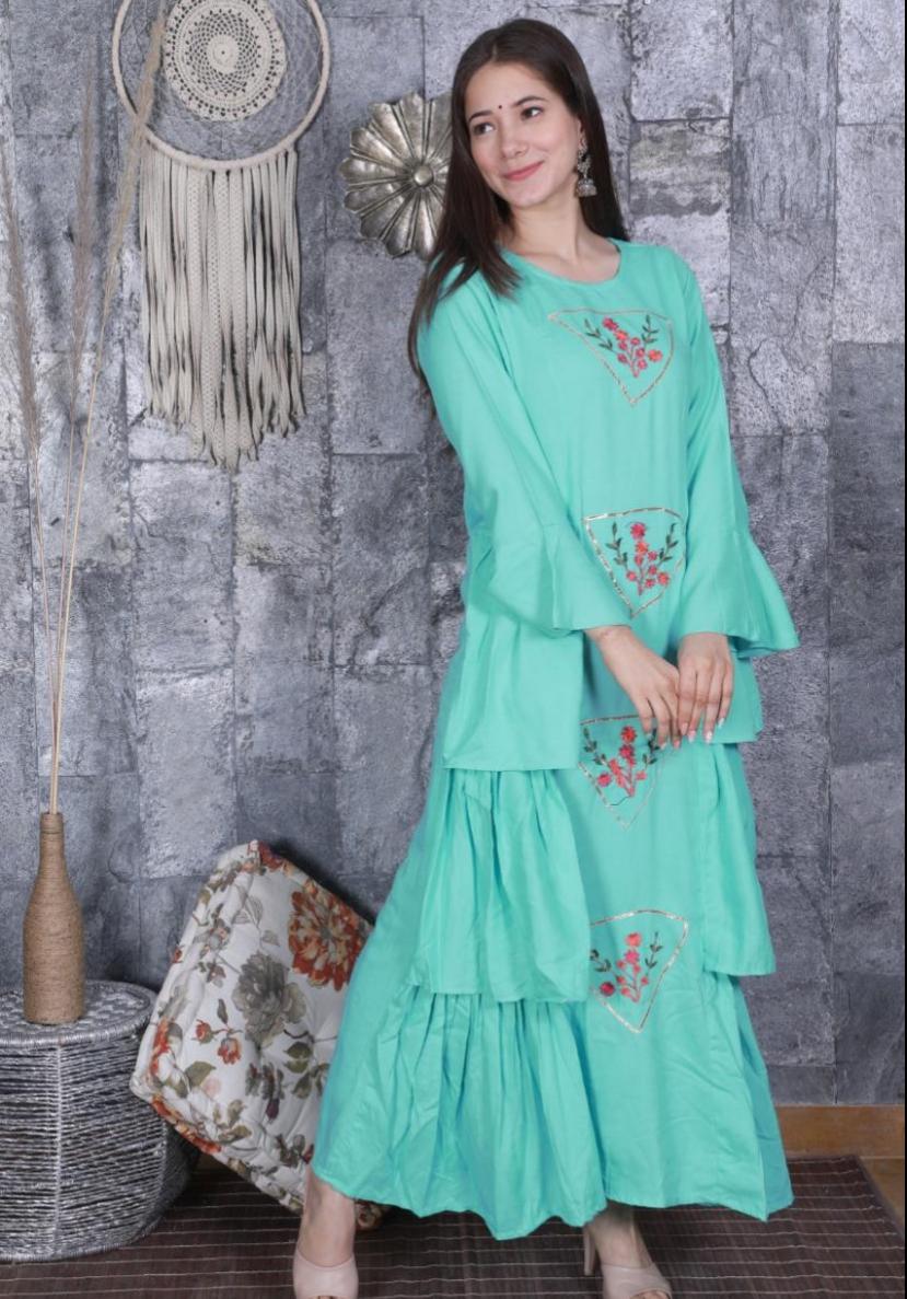 Green Flower Embroidery Work Rayon Gown