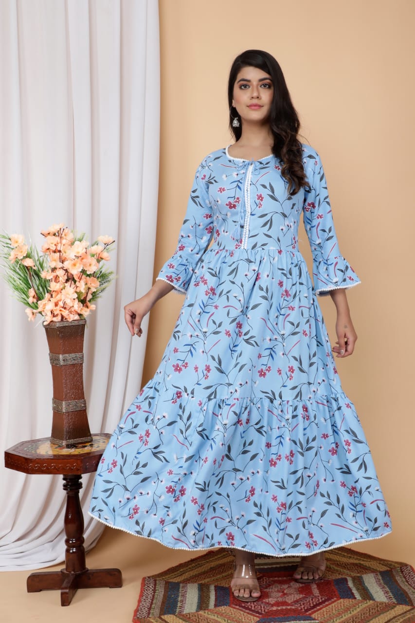 Blue Flower Printed Rayon Gown