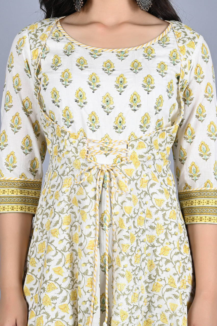 Green Flower Print Angrakhi Pattern Rayon Gown