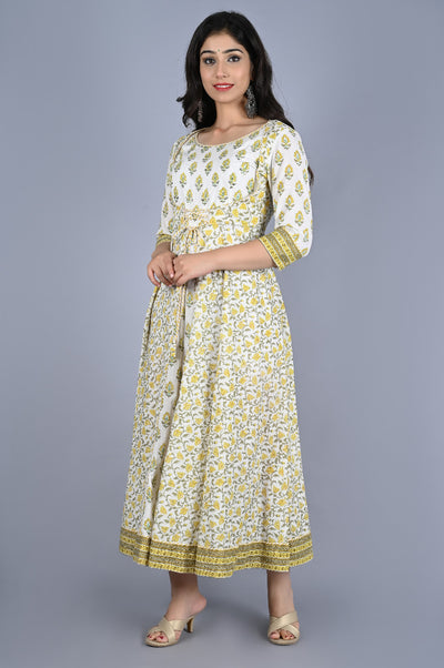 Green Flower Print Angrakhi Pattern Rayon Gown
