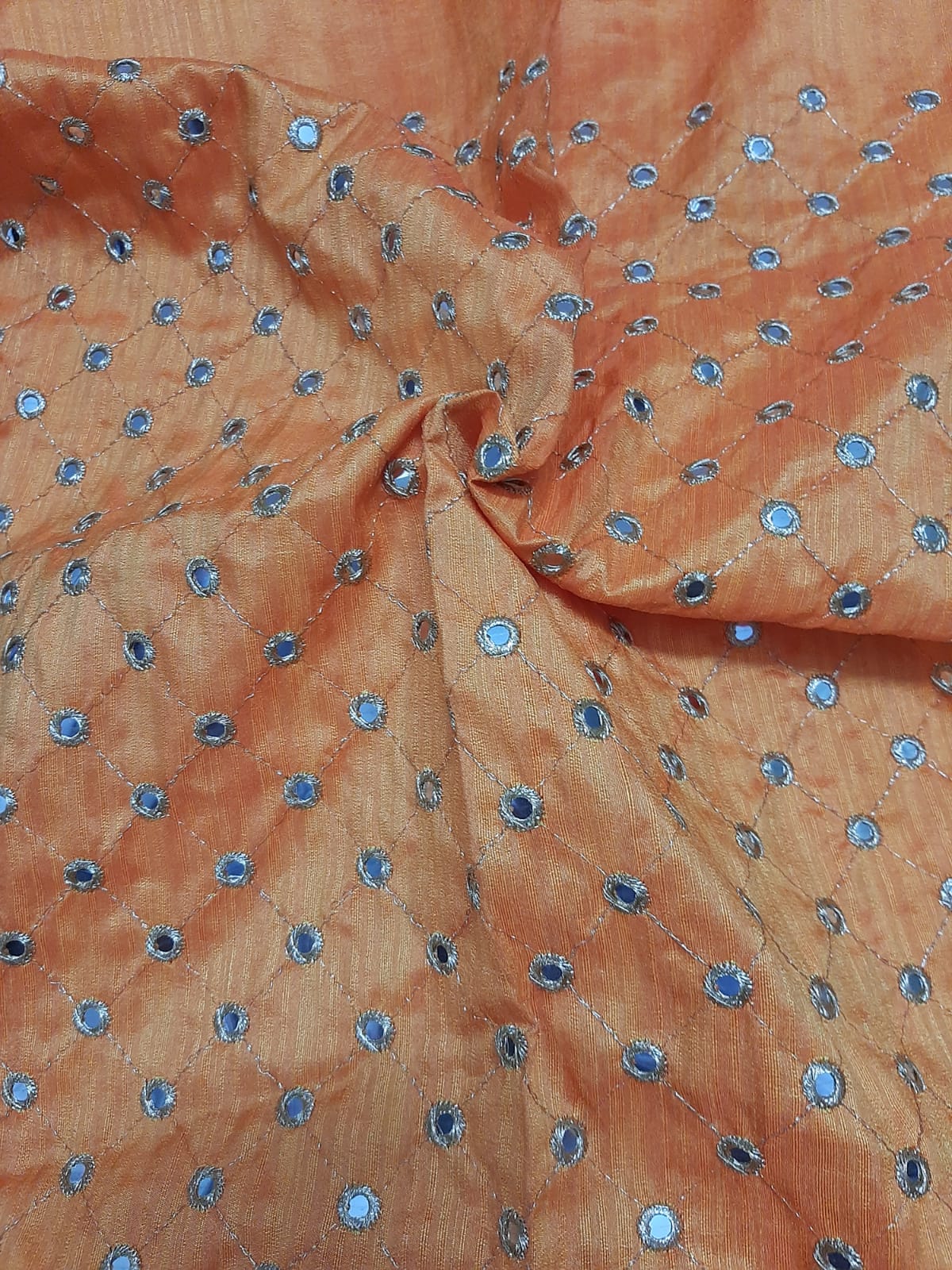 Peach Mirror Work Silk Fabric