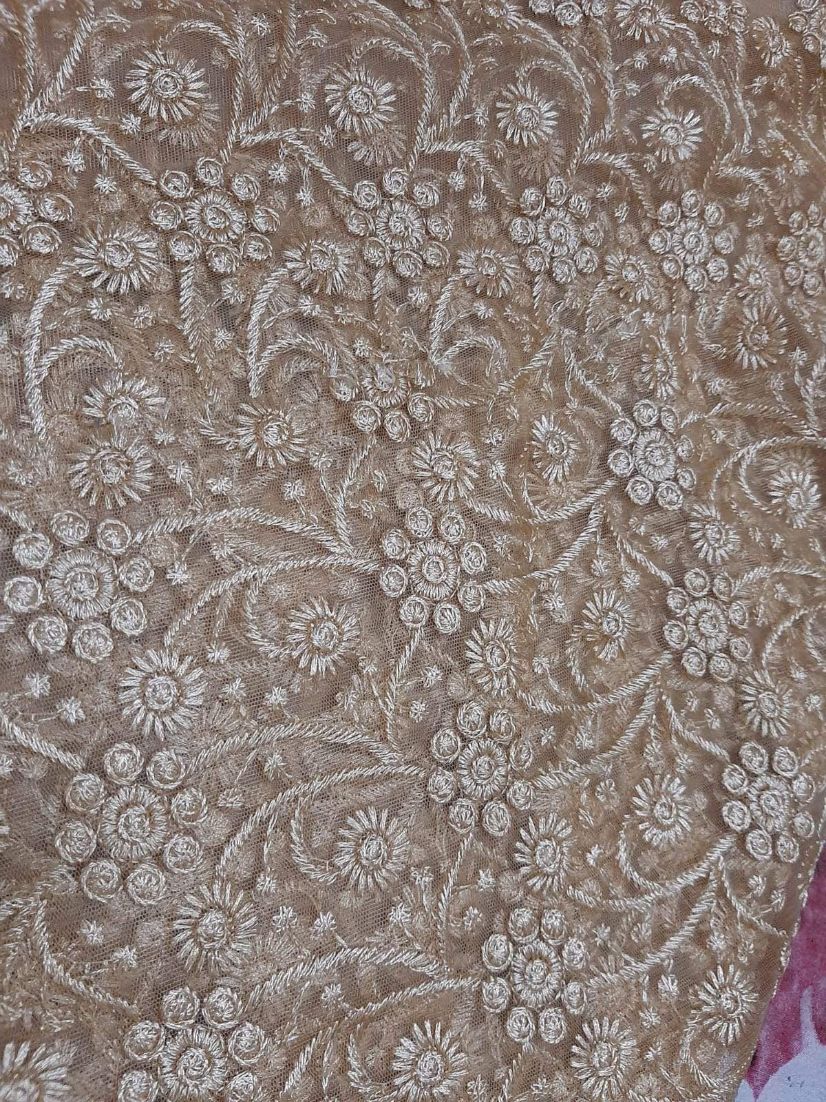 Cream Kashida Work Net Fabric
