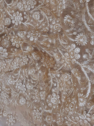 Cream Kashida Work Net Fabric