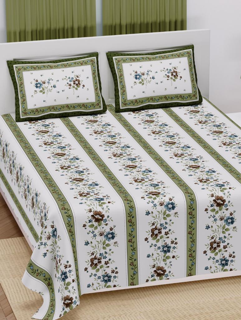 Soothing white Base Olive Green Border Floral Print XXL 100*108 King Size Pure Cotton Bed Sheet