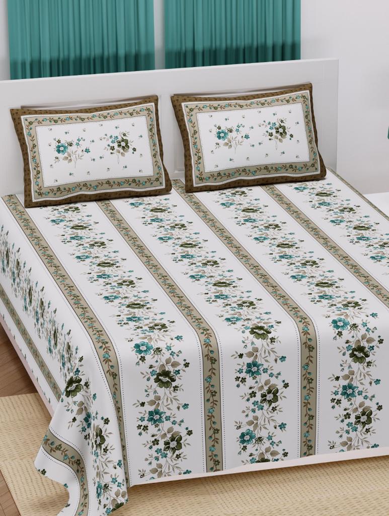 Soothing white Base Brown Border Floral Print XXL 100*108 King Size Pure Cotton Bed Sheet