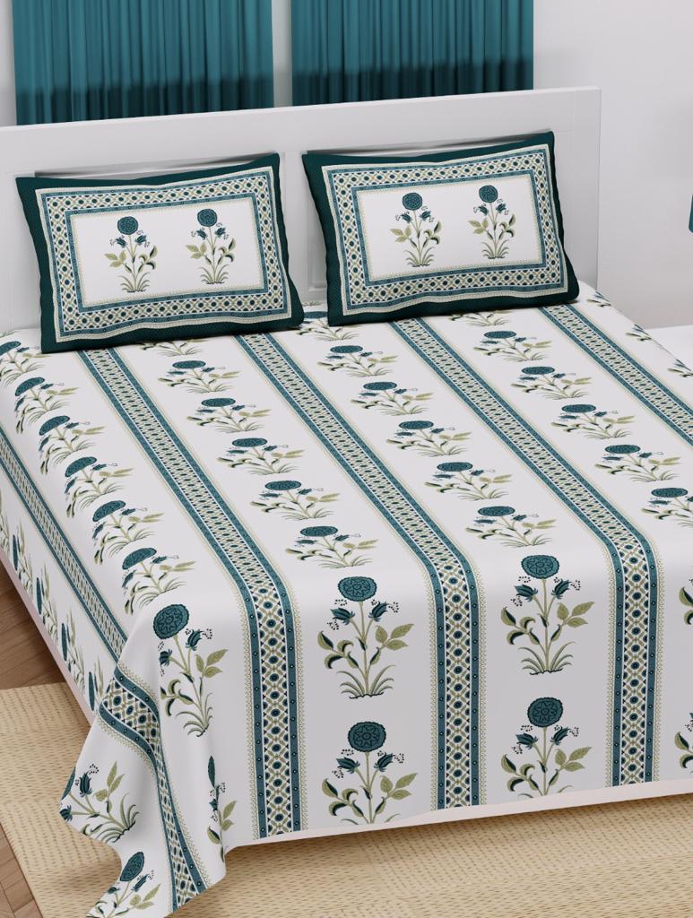 Soothing white Base Blue Mughal Flower Border Floral Print XXL 100*108 King Size Pure Cotton Bed Sheet