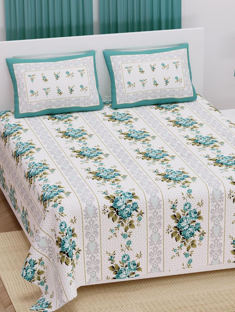 Soothing white Base Sea Blue  Border Floral Print XXL 100*108 King Size Pure Cotton Bed Sheet