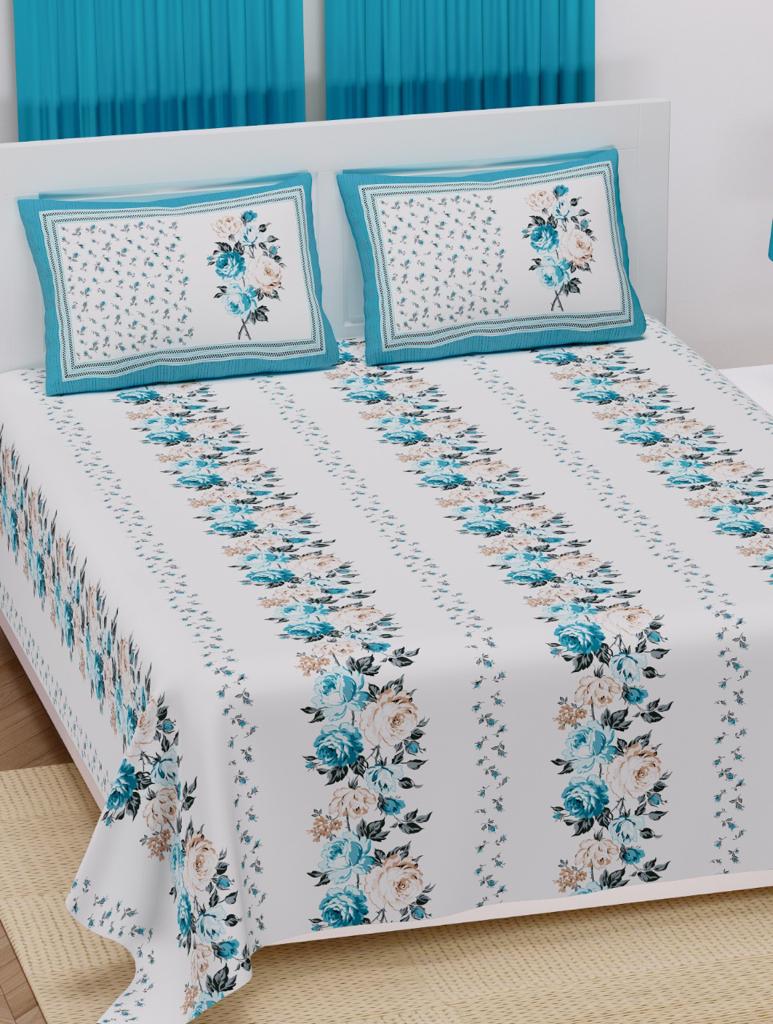 Soothing white Base Sky Blue  Border Floral Print XXL 100*108 King Size Pure Cotton Bed Sheet