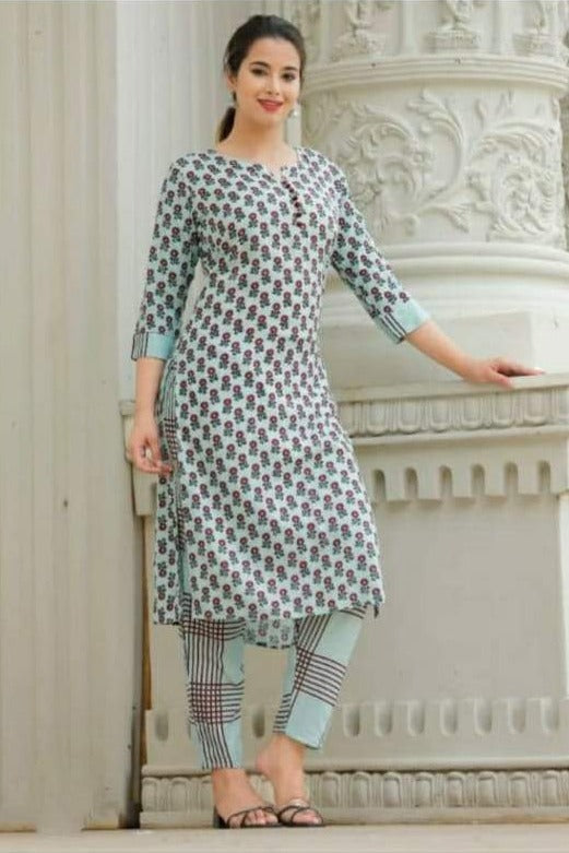 Green Flower Print Rayon Stitched Suit Set With Kurti & Pant