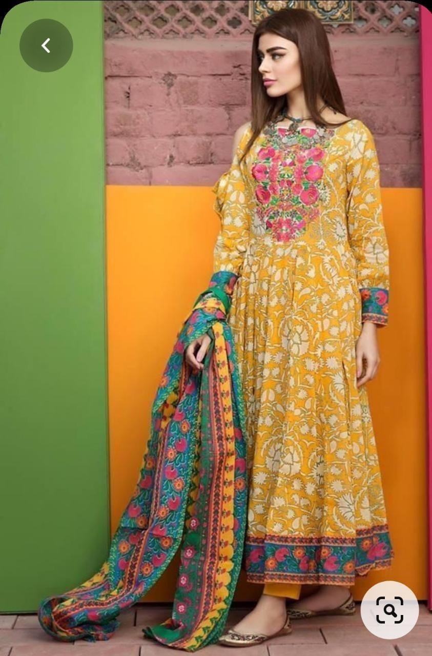 Yellow Flower Print Cotton Gown With Pant & Dupatta