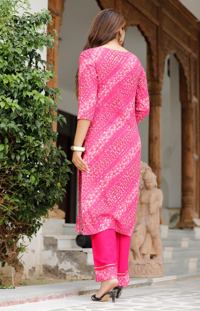Pink Bandhej Print Rayon Stitched Suit Set with Kurti, Palazzo & Dupatta