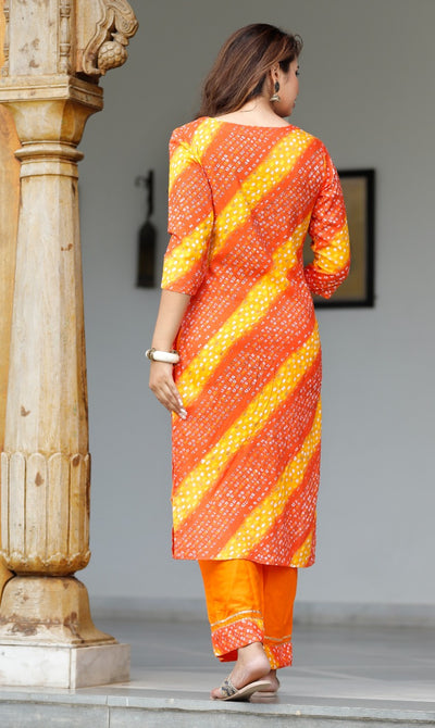 Orange Bandhej Print Rayon Stitched Suit Set with Kurti, Palazzo & Dupatta