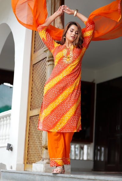 Orange Bandhej Print Rayon Stitched Suit Set with Kurti, Palazzo & Dupatta