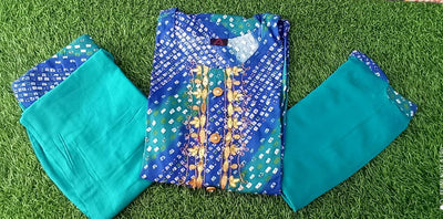 Blue Bandhej Print Rayon Stitched Suit Set with Kurti, Palazzo & Dupatta